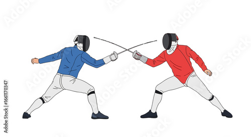 Illustration of two fencers in action with crossed swords on white backdrop