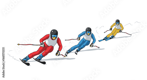 Illustration of skiers performing downhill racing in a snowy landscape