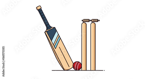 Illustrative Cricket Equipment Depiction with Bat, Ball, and Wicket Detail