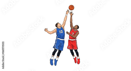Intense basketball game with two athletes battling for possession of the ball