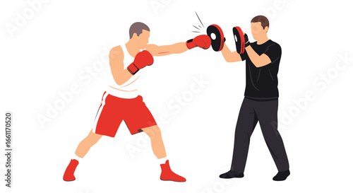 Intense boxing workout with trainer, focus and determination in sports activity