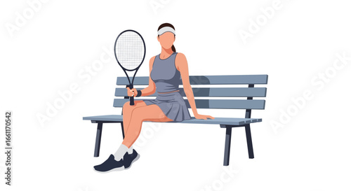 Isolated female tennis player taking rest on bench after practicing game
