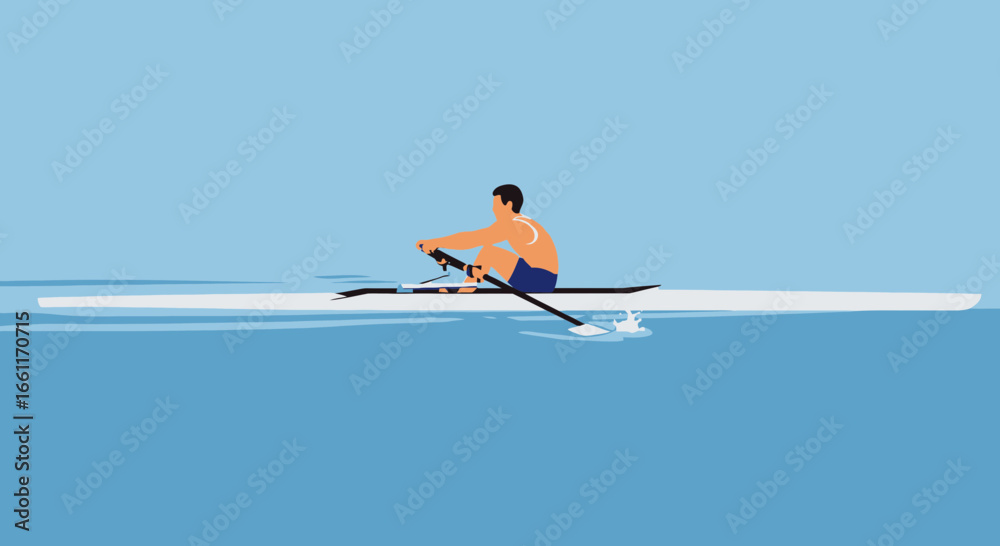 Fototapeta premium Minimalist rowing illustration depicting athlete in single scull on water