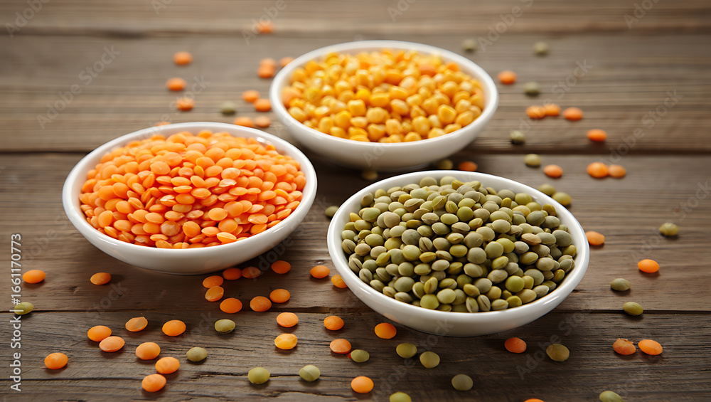 Three Bowls of Different Lentils on a Wooden Table - A Healthy and Vibrant Plant-Based Food Ingredient Three Bowls of Different Lentils on a Wooden Table - A Healthy and Vibrant Plant-Based Food Ingredient