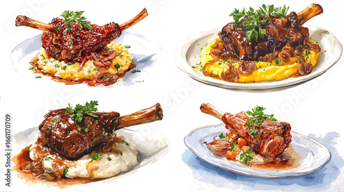 Watercolor illustration of braised lamb shank served with mashed potatoes and herbs. Perfect for fine dining menu, restaurant branding, and gourmet food illustration design.