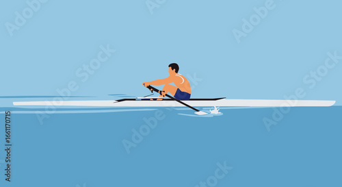 Minimalist rowing illustration depicting athlete in single scull on water