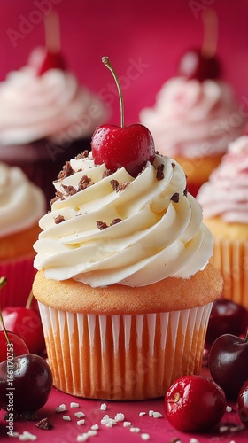Delicious Cupcake Topped With Cream and Cherries on a Blue Background