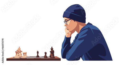 Pensive chess player in deep thought contemplating strategy and moves