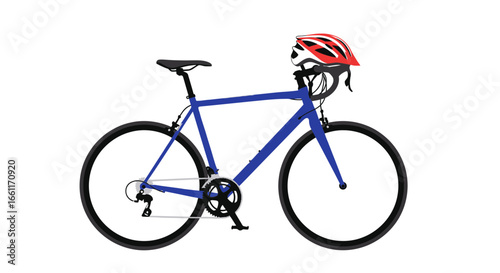 Road bike with helmet resting on the handlebars isolated on white background