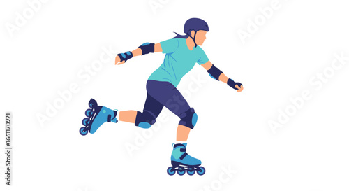 Roller skater woman speeding in flat design, enjoying outdoor activity