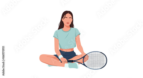 Serene tennis player relaxing after intense match with focus and determination