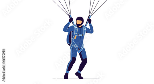 Skydiver in full gear descending with parachute for extreme sport action