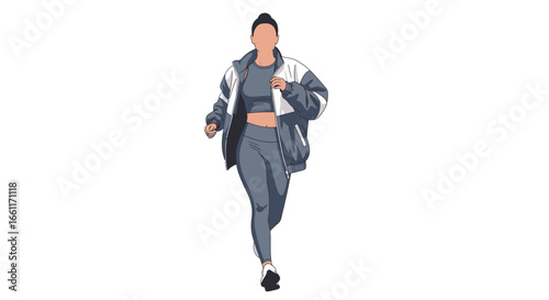 Stylish Faceless Woman Running in a Tracksuit on Isolated Background