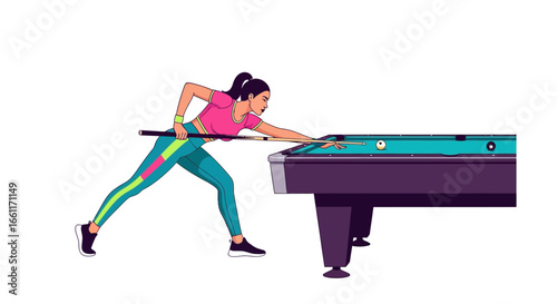 Stylish athletic woman concentrating playing billiards with precision aim