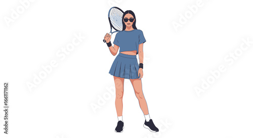 Stylish tennis player in sportswear with racket, ready to play match