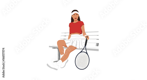 Stylish tennis player resting on bench with racquet on minimal vector art