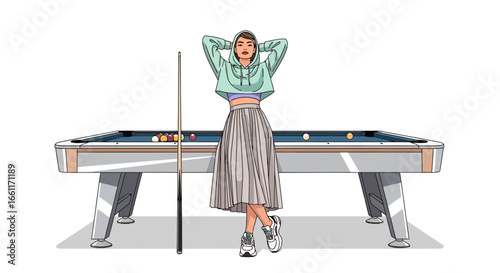 Stylish woman in hoodie posing near a billiard table, artistic illustration