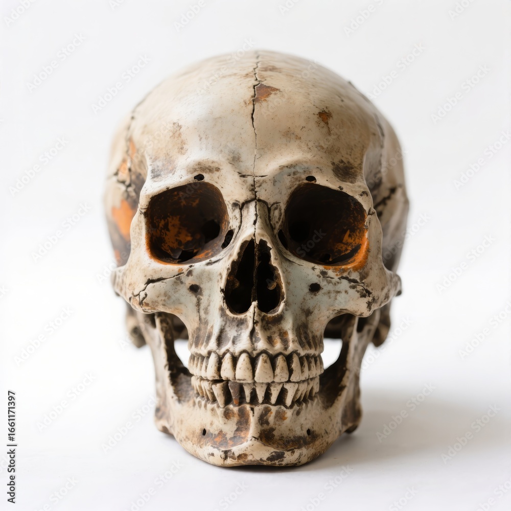 Fototapeta premium Close-up of distressed, aged Halloween skull vintage, style. Concept of Halloween skull vintage highlighting unique texture and detail against plain white background.