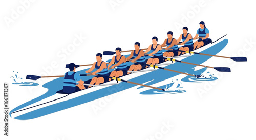 Synchronized rowing team on river, teamwork and fitness in watersport competition