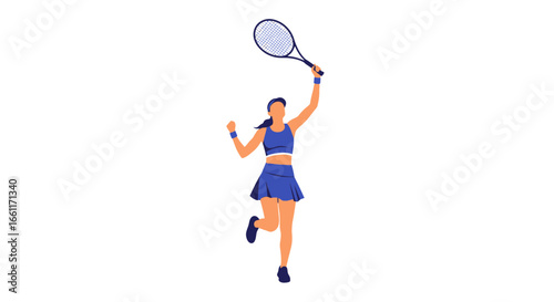 Tennis player celebrates victory with raised racket on white background