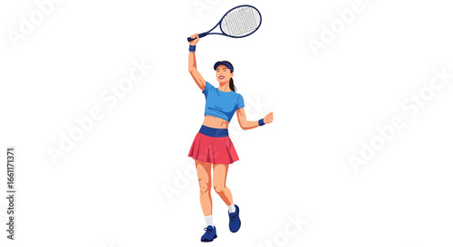 Triumphant tennis player celebrating victory with racket held aloft in glee