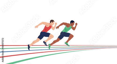 Two athletes sprinting on a track with vibrant colored lanes illustration