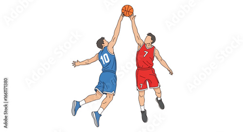 Two basketball players leaping for the ball in a competitive game scene