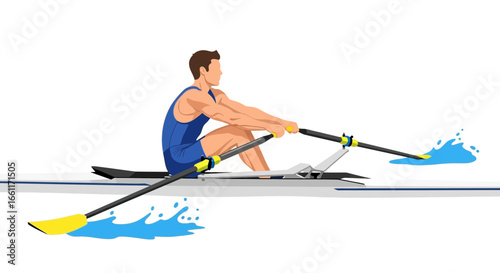 Vector Illustration of Athlete Rowing on Water, Focus and Determination