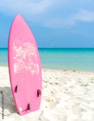 Pink surfboard on sandy beach (1)