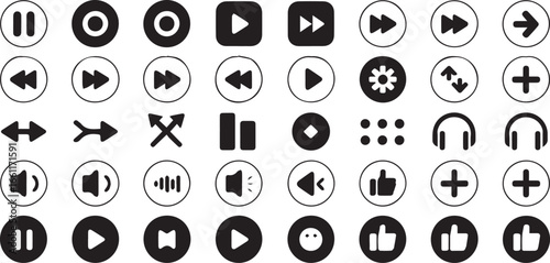 user interface media control icons vector collection with play pause stop next previous fastforward rewind volume mute settings reload