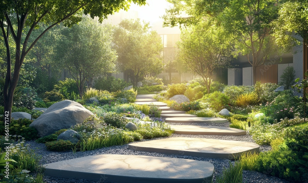 Fototapeta premium Sustainable urban gardening project concept, featuring green spaces and local food production. The image showcases the significance of integrating nature into urban environments, Generative AI