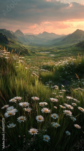 Breathtaking Landscape With Wildflowers at Sunset in a Mountainous Region