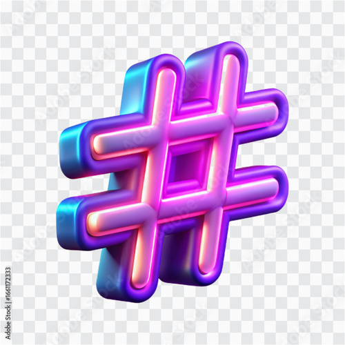 3D Neon Glow Hash Button | Social Media, Hashtag Symbol & Trending Icon