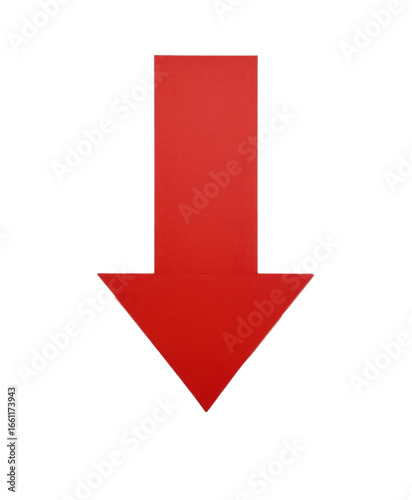 A vibrant red arrow pointing downwards against a transparent background, emphasizing direction and movement.