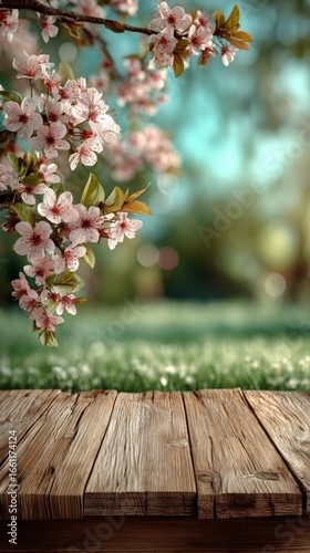 Spring Blossoms Bloom Over Rustic Wooden Surface in a Sunny Garden Setting