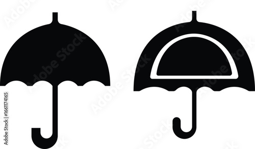 Umbrella icon set.Protection parasol symbol. Vector illustration isolated on white background. Folded parasol, open umbrella for rainy weather or sunshade.Umbrella different style icon set