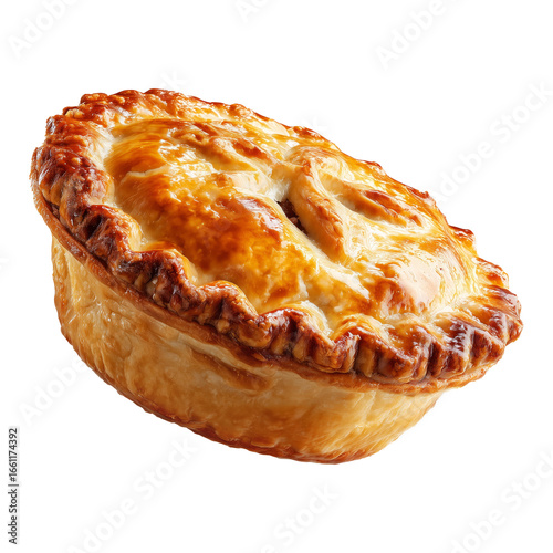 Australia meat pie with minced beef and gravy and crisp flaky crust, isolated on white transparent background. Concept of homemade comfort food