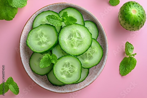 Fresh Cucumber Slices Arranged Beautifully With Mint Leaves on a Pastel Pink ...