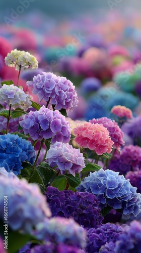 Colorful Hydrangea Flowers Blooming in a Vibrant Garden During Springtime Sun...