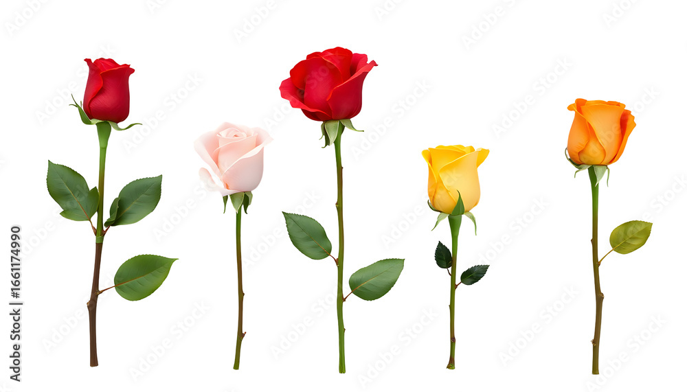 Obraz premium Five vibrant roses on stems against a transparent backdrop