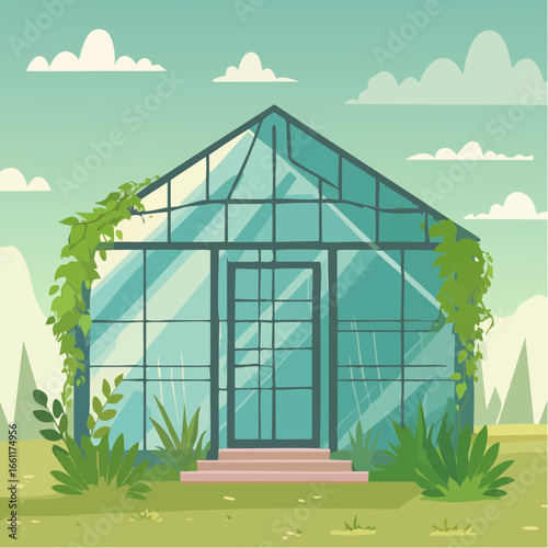 Abandoned greenhouse overgrown with wild plants