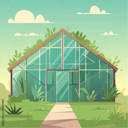 Abandoned greenhouse overgrown with wild plants