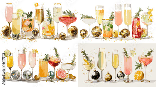 Elegant watercolor illustration of festive cocktails with citrus, champagne, and gold ornaments. Perfect for New Year celebration, party invitation, and holiday drink design projects.