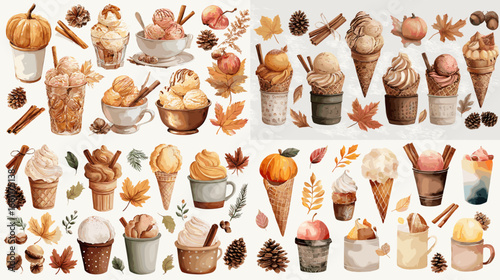 Cozy watercolor illustration of autumn ice cream cones and desserts with cinnamon, pumpkin, and fall leaves. Perfect for seasonal food design, cafe menu, and dessert artwork.