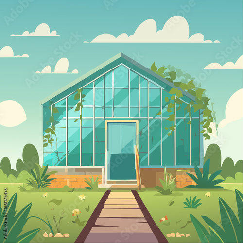 Abandoned greenhouse overgrown with wild plants
