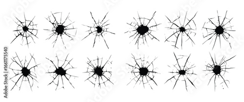 Cracked window glass with a bullet hole. broken cracked window wall.