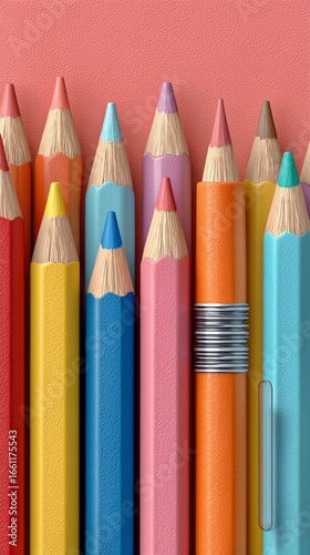 Colorful Stationery Arrangement With Pencils and Accessories on a Purple Back...