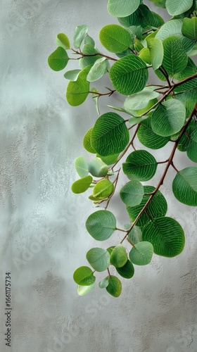 Vibrant Green Leaves Branch Against a Textured Gray Background in a Serene In...