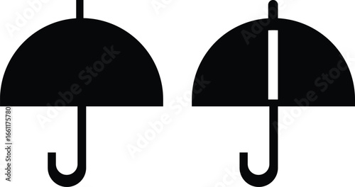 Umbrella icon set.Protection parasol symbol. Vector illustration isolated on white background. Folded parasol, open umbrella for rainy weather or sunshade.Umbrella different style icon set