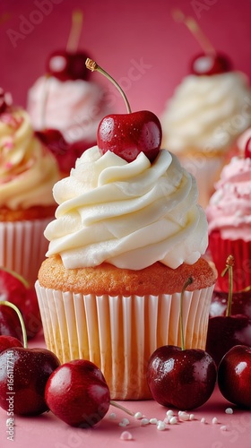 Cherry Topped Cupcake With Cream Frosting and Fresh Cherries on a Pink Backgr...